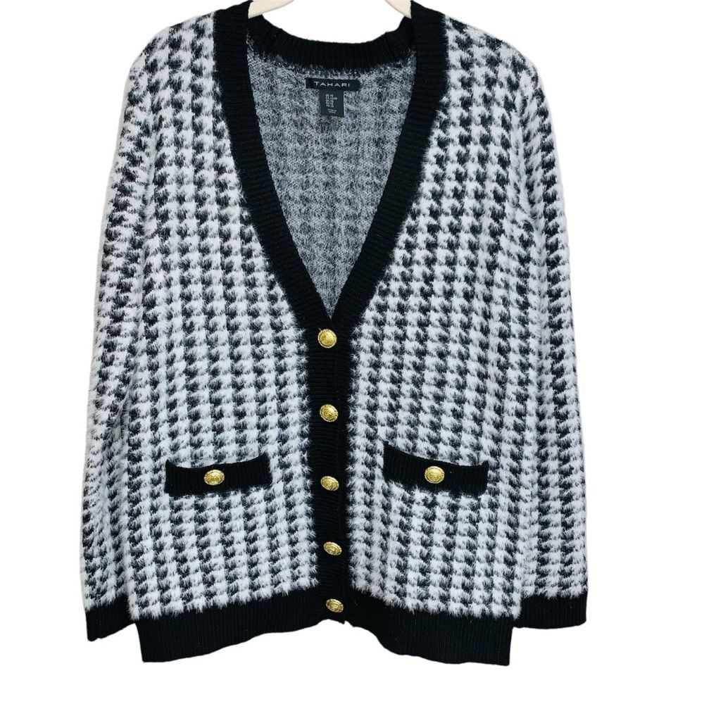 Tahari Black and White Houndstooth Cardigan with Gold Buttons XS to Medium - Picture 3 of 16